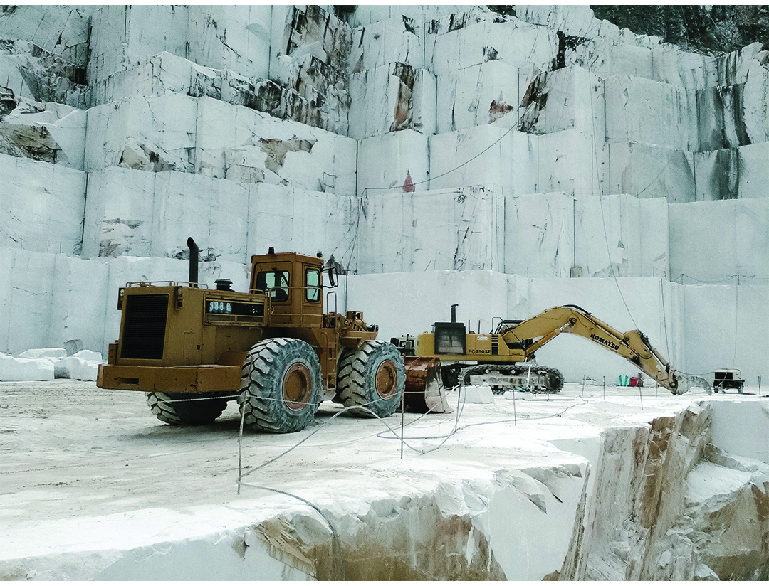 White marble quarry walls near Carrara, Tuscany, where stone for Yoko Kubrick's sculptures is selected