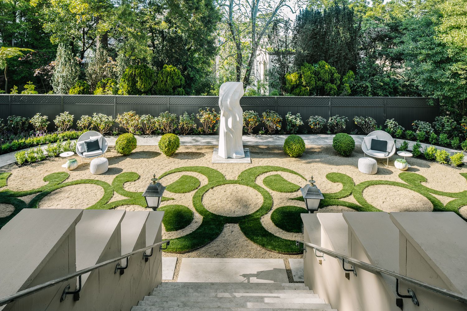 Yoko Kubrick's marble sculpture Lethe on the central axis of the formal parterre garden at Le Petit Trianon, San Francisco