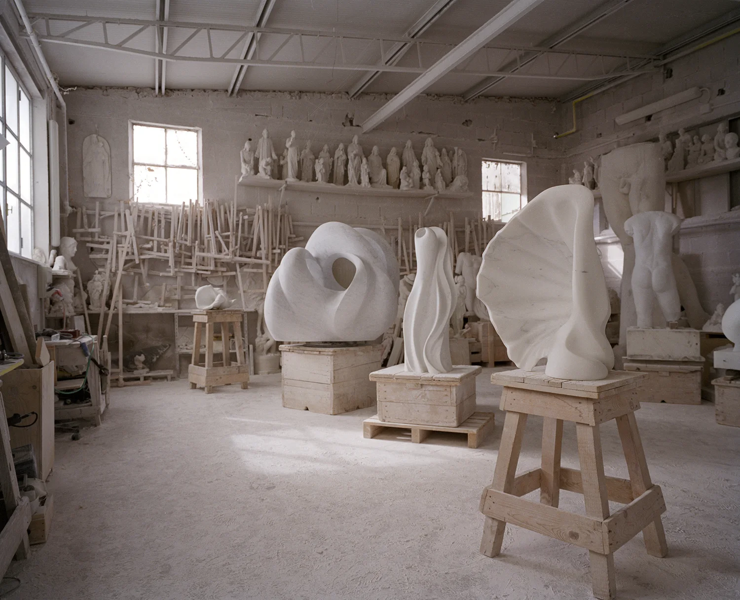Marble sculptures in progress inside Yoko Kubrick’s Pietrasanta studio