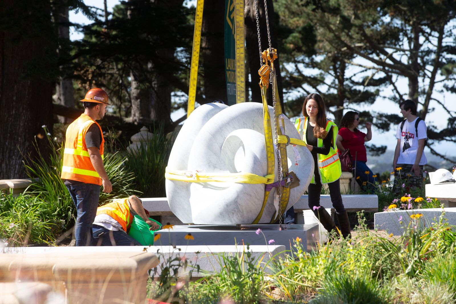 Yoko Kubrick coordinating the Tides installation with the professional rigging crew
