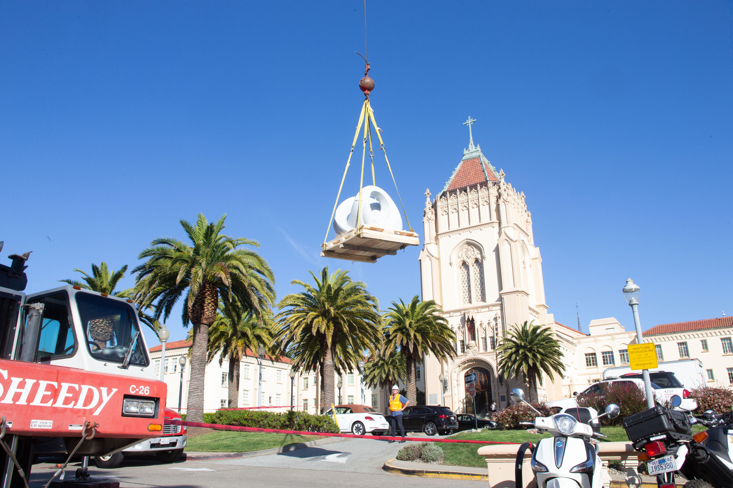 Tides suspended by crane during permanent installation at the University of San Francisco