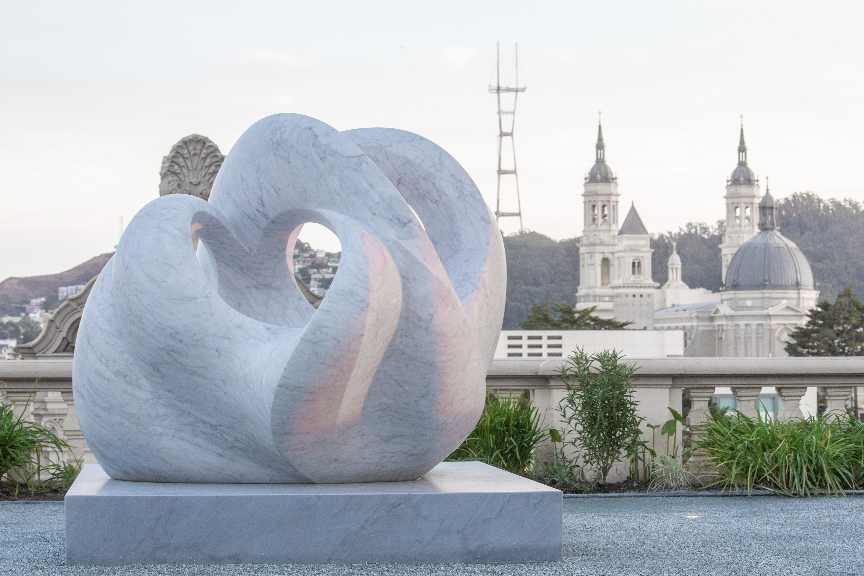 Tides, a carved marble sculpture by Yoko Kubrick, installed on the Lone Mountain terrace at the University of San Francisco