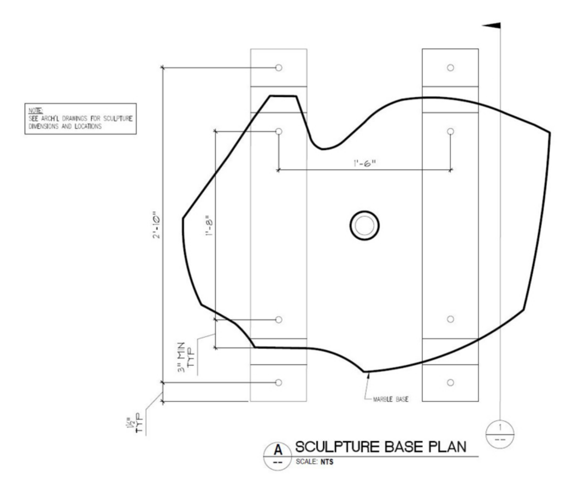 Preliminary sculpture base plan showing the marble base outline and footing coordination for Lethe