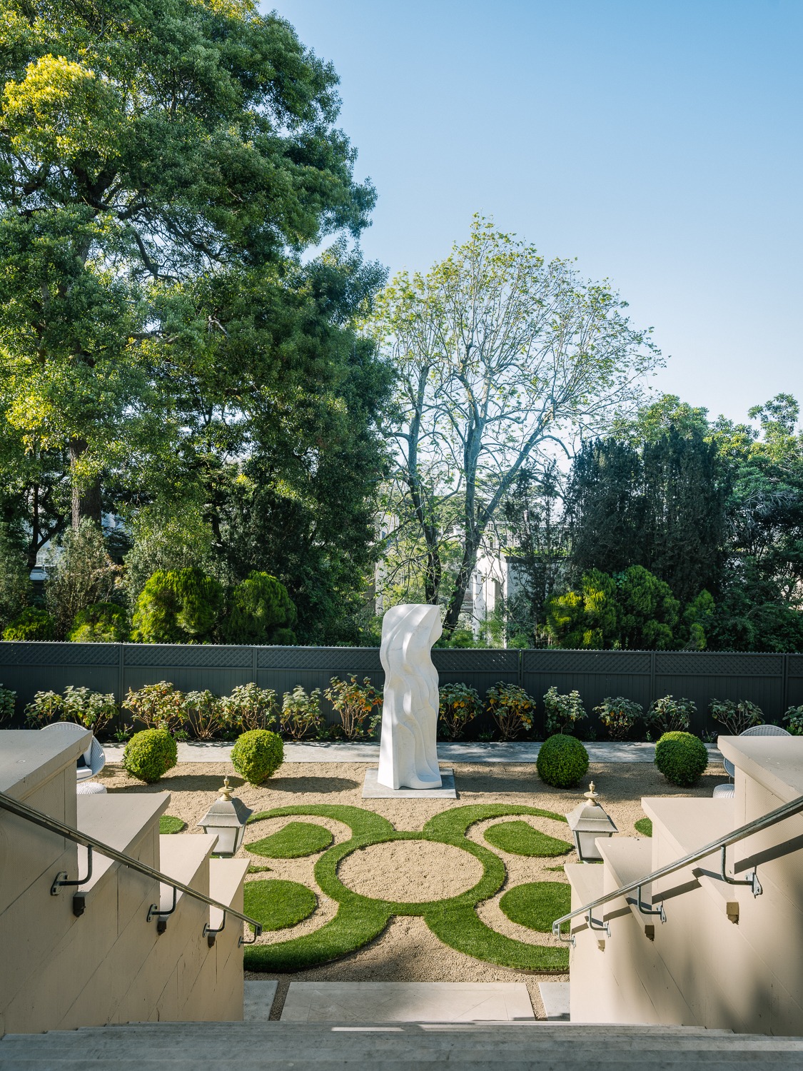 Finished view down the garden's stair axis at Le Petit Trianon toward Yoko Kubrick's marble sculpture Lethe